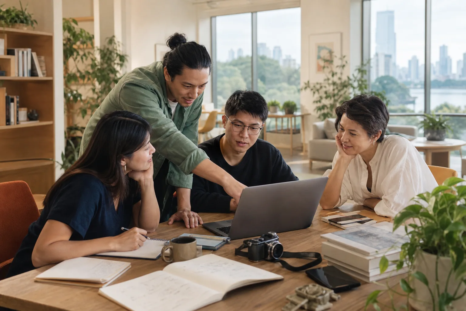 AI concept scene of adult learners collaborating with a mentor